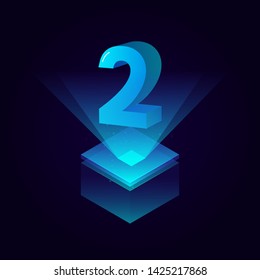 3d futuristic tiffany blue solid number vector on square platform, shiny digital isometric count illustration with spotlight shimmer on light cube stage, technology typography of number two 2 symbol