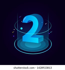 3d futuristic tiffany blue solid number vector on round platform, shiny isometric count down illustration light shimmer stage, e-commerce sale promotion, technology digital typography of two 2 symbol