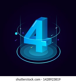 3d futuristic tiffany blue solid number vector on round platform, shiny isometric count down illustration light shimmer stage, e-commerce sale promotion, technology digital typography of four 4 symbol