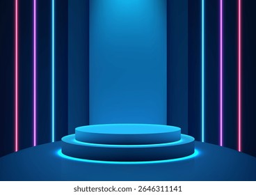 3D futuristic two tiered podium bathed in neon blue light with pink strip accents on reflective floor. Ideal for technology product display, showroom scene, or digital mockup template