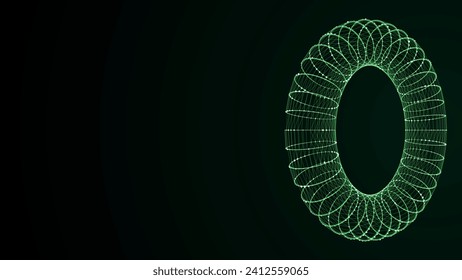 3D futuristic vector geometric shape with green dots and lines. Structure technology network connection. Abstract wireframe torus twist form. Ai in dark cyberspace background.