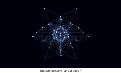 Forma geométrica vectorial 3D futurista con puntos y líneas azules. Conexión de red de tecnología de estructura. Forma de retorsión del alambre abstracto. Ai en el oscuro fondo del ciberespacio.