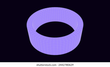 3D futuristic vector geometric shape with purple dots and lines. Structure technology network connection. Abstract wireframe twist form. Ai in dark cyberspace background.