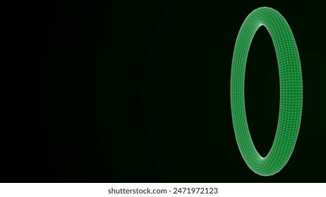 3D futuristic vector geometric shape with green dots and lines. Structure technology network connection. Abstract wireframe torus twist form. Ai in dark cyberspace background.