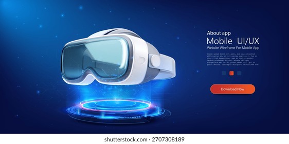 3d futuristic vr headset goggles floating above blue neon holographic platform on digital tech background