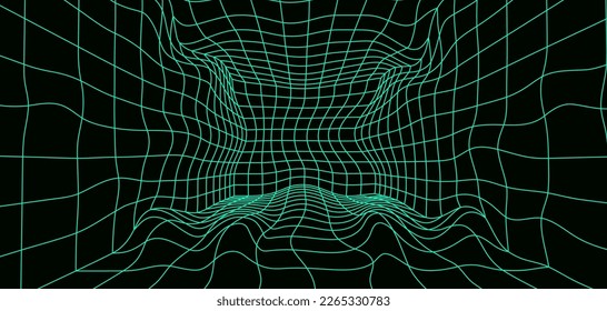 3D futuristic wavy wireframe room on green background. Digital perspective grid. Vector illustration.