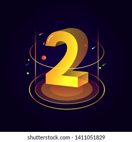 3d futuristic yellow orange solid number vector on dark background, shiny isometric count down illustration with shimmer, digital design for web e-commerce sale promotion, typography of two 2 symbol