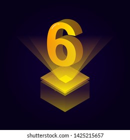 3d futuristic yellow solid number vector on square platform, golden shiny digital isometric count illustration and spotlight shimmer on light cube stage, technology typography of number six 6 symbol