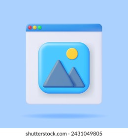 3D Gallery Icon in Browser Window Isolated. Minimal Mountains with Sun Under Blue Sky. Cartoon Render Photo Icon. App Image File. JPG Photo Symbol. Simple Geometric Element Design. Vector Illustration