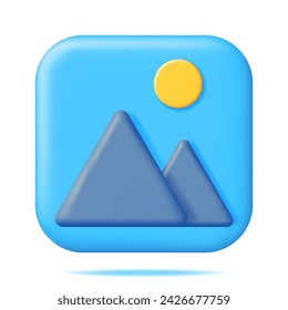 3D Gallery Icon Isolated. Minimal Mountains with Sun Under Blue Sky. Cartoon Render Photo Icon. App Image File. JPG Photo Symbol. Simple Geometric Elements Design. Vector Illustration