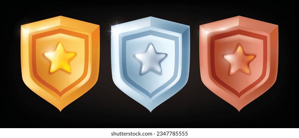 3D game badge kit, vector level up UI medal set, ranking golden shield, silver fantasy emblem, star. Award icon collection, bonus winner metal prize, bronze trophy success reward. RPG game badge