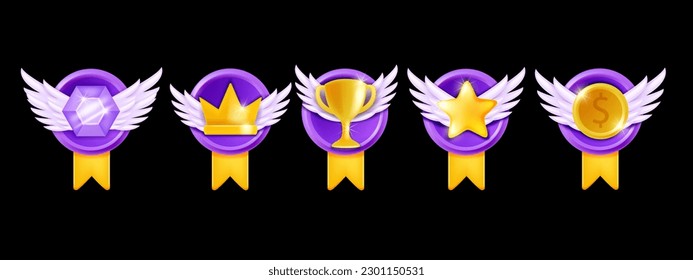 3D game badge set, vector level up medal icon kit, golden rank crown, award star emblem coin. UI victory cup reward rating cartoon casino prize bonus trophy pack, quality bonus. Game badge app clipart