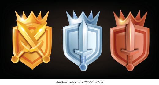 Juego de escudo de insignias de juego 3D, nivel de interfaz de usuario arriba vectorial rango medieval espada, caballero dorado de bronce plateado, corona. Logro RPG Fantasy Award kit de premio, icono de recompensa del ganador de progreso. Palo de hierro del premio de la insignia de juego