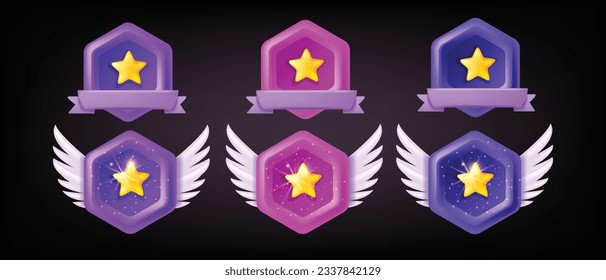 3D game badge vector level up UI icon set, certificate medal kit, victory ranking award stars wings. Champion certified label premium professional winner emblem, casino achievement. Game badge reward