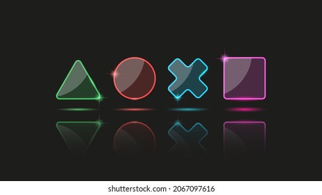 3d game buttons play control gamer joystick console, neon glass icons with shadows and reflection at the bottom on player fan dark background