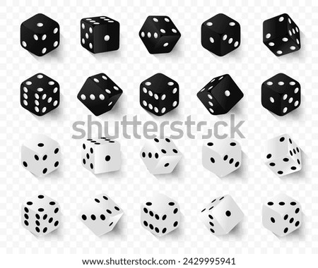 3d game dice with shadow on a transparent background. Dice game with white and black cubes. Realistic 3d casino rolling dice showing numbers one to six