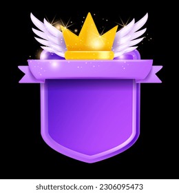 3D game frame UI banner shield, victory player award vector background, winner level up menu board. Cartoon magic mobile app achievement kit, golden star, wings. Game frame reward prize medal