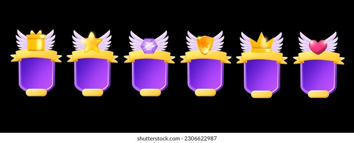 3D game frame UI vector background shield, victory player award, winner level up menu board, stars. Cartoon magic mobile app achievement kit, golden cup, crown, wings. Game frame reward prize medal
