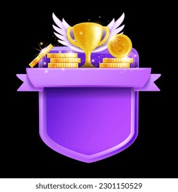 3D game frame vector UI banner shield, victory player award background, winner level up menu board. Cartoon magic mobile app achievement kit, golden cup, coin, wings. Game frame reward prize medal