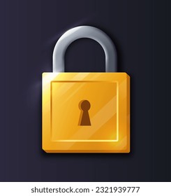 3D game gold lock icon concept. Padlock for arcade and video games. Interface for mobile apps and programs. Graphic element for website. Isometric vector illustration isolated on dark background