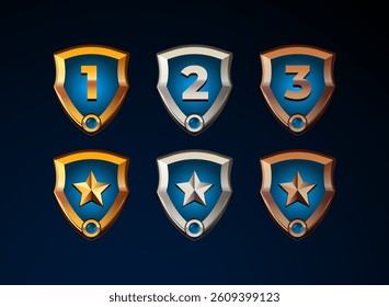 3d game icon rank badge with diamond shield with gold, silver, bronze rank badge