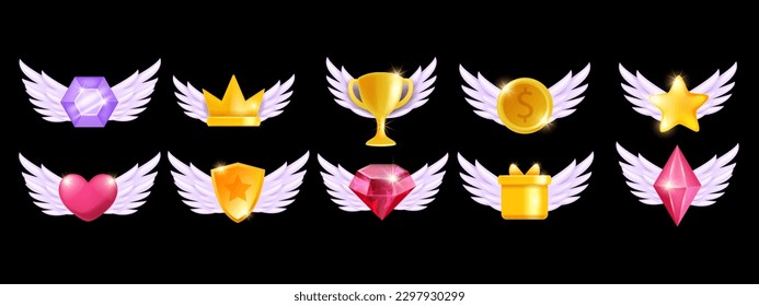 Juego de iconos de juegos 3D, juego de interfaz de usuario de casino vectorial de dibujos animados, ala de copa trofeo ganadora de monedas doradas, estrella de logros. Regalo de nivel de victoria, premio de piedra de gema de cristal, insignia de regalo de recompensa, escudo. Aplicación móvil de icono de juego
