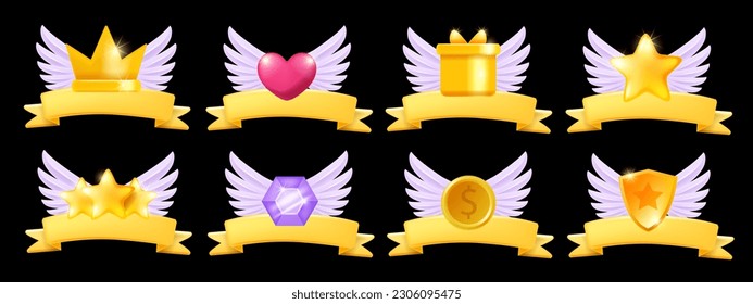 3D game icon set, cartoon casino vector UI kit, golden coin winner trophy cup wing, achievement star. Victory level up gift, crystal gem stone prize, reward present badge, shield. Game icon mobile app