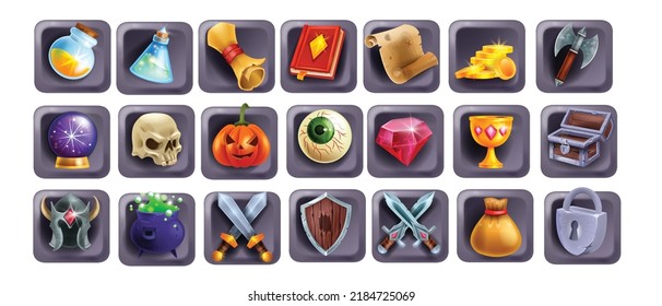 3D Game Icon Set, Magic UI Badge Kit, Slot Machine Cartoon Element, Golden Coin, Witch Potion, Book. Reward Resource Object, Warrior Weapon, Sword Shield, Defence Skill. Fantasy Game Icon Collection