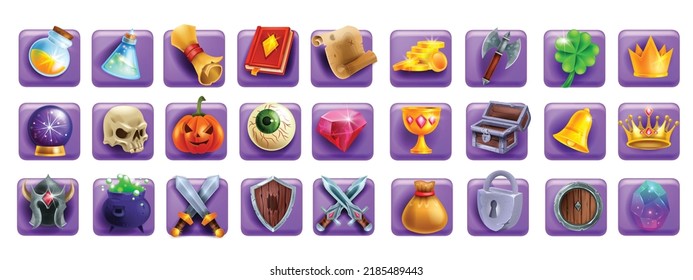 3D Game Icon Set, Magic UI Badge Kit, Golden Coin, Witch Potion, Slot Machine Cartoon Element, Book. Reward Resource Object, Sword Shield, Defence Skill, Warrior Weapon. Fantasy Game Icon Collection