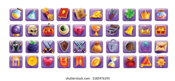 3D Game Icon Set, Slot Machine Cartoon Element, Magic UI Badge Kit, Golden Coin, Witch Potion, Book. Reward Resource Object, Sword Shield, Defence Skill, Warrior Weapon. Fantasy Game Icon Collection