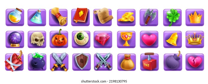 3D Game Icon Set, Slot Machine Cartoon Element, Magic UI Badge Kit, Golden Coin, Witch Potion, Book. Reward Resource Object, Sword Shield, Dynamite, Tnt, Warrior Weapon. Fantasy Game Icon Collection