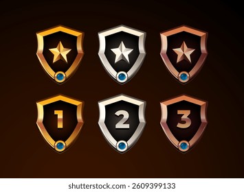 3d game icon star  shield frame with gold, silver, bronze rank badge