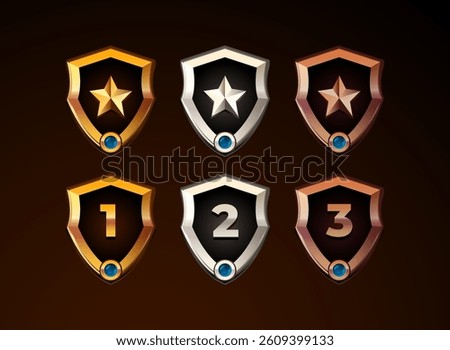 3d game icon star  shield frame with gold, silver, bronze rank badge