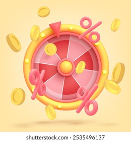 Icono de juego 3D. Rueda de la fortuna, ruleta con oro cayendo dinero, moneda, por ciento aislado en fondo amarillo. Ilustración vectorial para postal, iconos, cartel, Anuncio, Web, diseño, artes