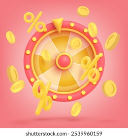 Icono de juego 3D. Rueda de la fortuna, ruleta con oro que cae el dinero, moneda, por ciento aislado en fondo rojo. Ilustración vectorial para postal, iconos, cartel, Anuncio, Web, diseño, artes