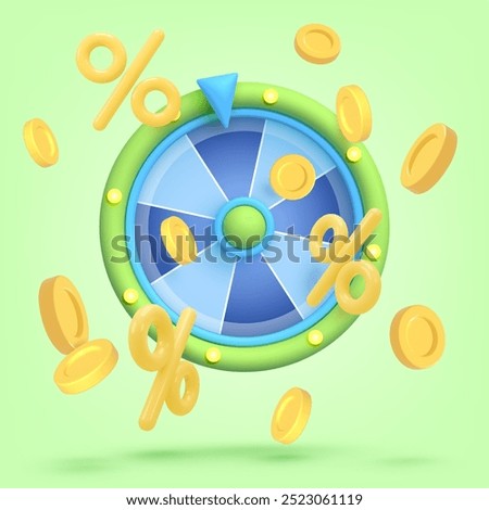3d game icon. Wheel of fortune, roulette with golden falling money, coin, percent isolated on green background. Vector illustration for postcard, icons, poster, banner, web, design, arts