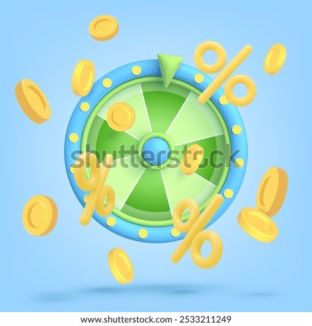 3d game icon. Wheel of fortune, roulette with golden falling money, coin, percent isolated on blue background. Vector illustration for postcard, icons, poster, banner, web, design, arts