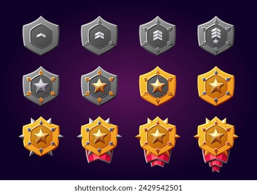 3d Game rank badges set isolated on background. Vector emblems of different level decorated with stars, ribbons, golden, silver. Perfect for games.