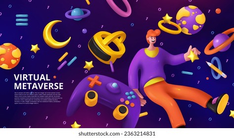 3D game render. Virtual metaverse. People fly in space. Fun planet in augmented reality. Joystick and VR glasses. Gamer play on gamepad. Web banner. Vector cartoon exact background