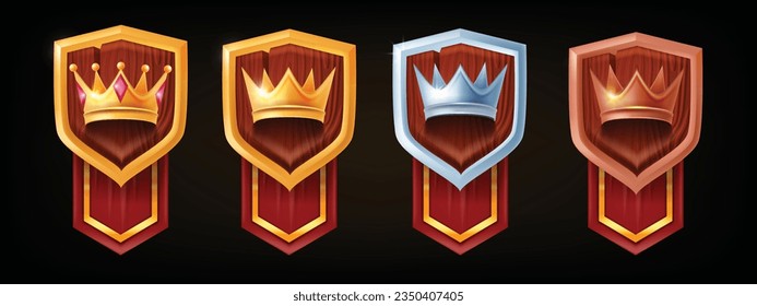 3D game shield badge vector set, level up medieval RPG royal crown, wooden knight ranking emblem. Coat of arms achievement pennant, fantasy success trophy golden silver bronze award. Reward game badge