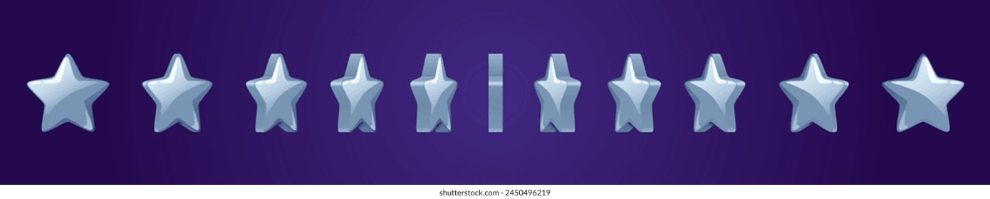 3d game silver star animation sprite. Bonus frame cartoon ui icon for casino. Rotate score spritesheet set asset design. Metal flip sparkle element. Upgrade or reward button for arcade app gui