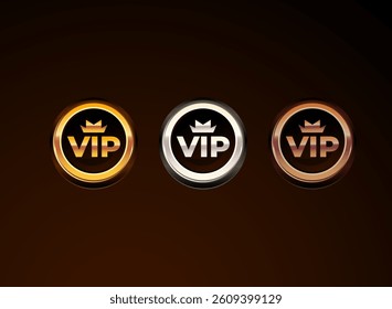 3d game vip icon rank vip with round shape with gold, silver, bronze rank badge