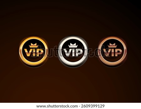 3d game vip icon rank vip with round shape with gold, silver, bronze rank badge