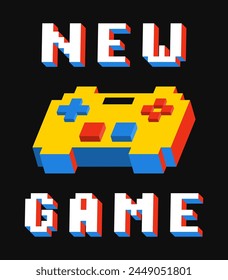 3D-Gamepad aus Pixelblöcken mit pixeliertem Text-Slogan für T-Shirt-Design. 3D Pixel Joystick für Kinder T-Shirt. Typografie-Grafiken für Gamer. Slogan-Print für Video-Spielkonzept. Vektorgrafik.