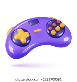 3d gamepad in the old style for video games. 3d vector render of plastic object joystick on isolated background. Vintage control panel with buttons.