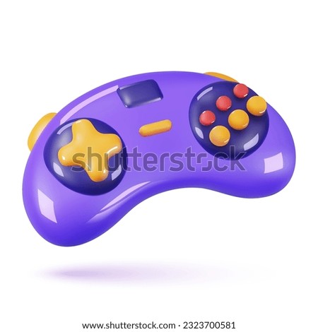 3d gamepad in the old style for video games. 3d vector render of plastic object joystick on isolated background. Vintage control panel with buttons.