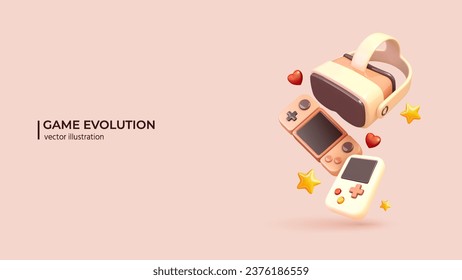 3D Gaming Concept. Realistic 3d design of Game Consoles from Different Eras. 3D Vector illustration in cartoon minimal style.