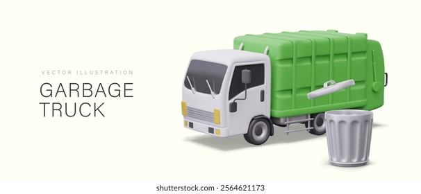 3D garbage truck, metal round garbage can with lid. Vector composition on yellow background. Concept of communal services, advertising of companies, agencies