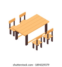 3d garden furniture icon with wooden table and chairs isometric vector illustration