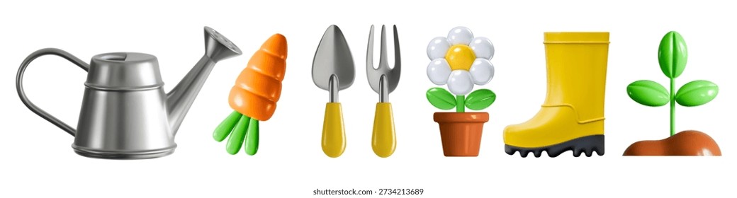 3d garden icon set gardening tools and plants